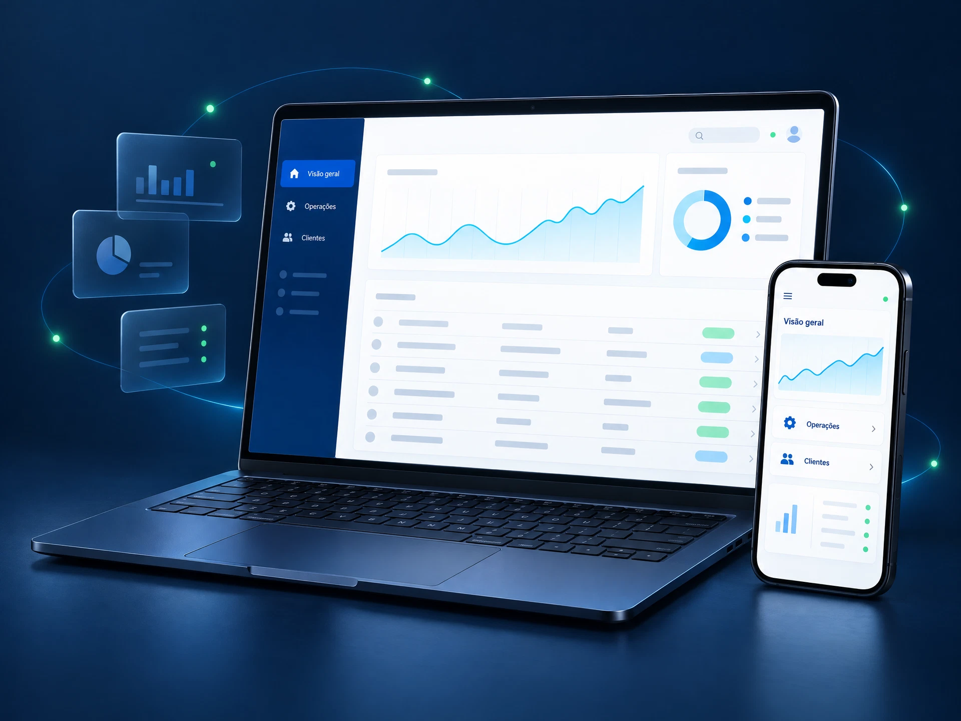Composição ilustrativa de um notebook com dashboard de gestão e um aplicativo em smartphone, conectados em um ambiente azul profundo.